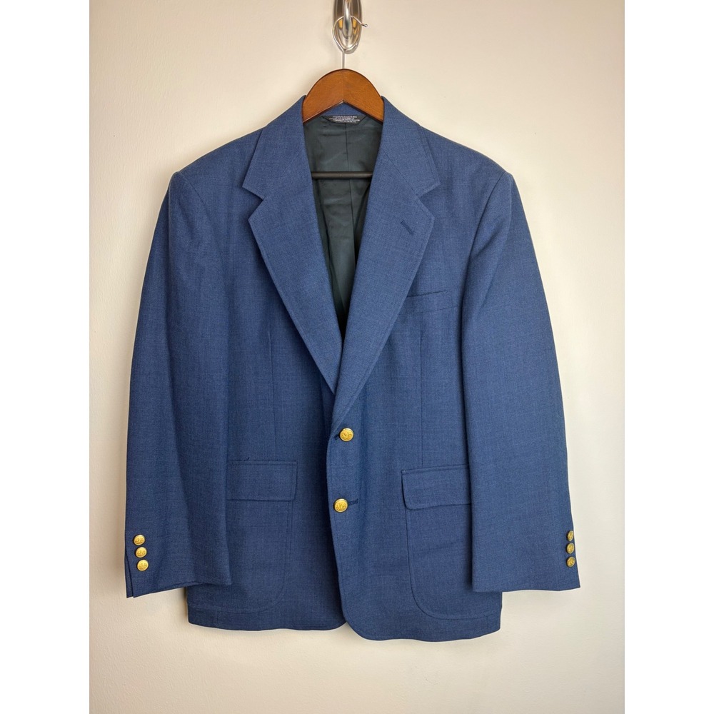 Stafford Blazer 40S Blue Worsted Wool Blend Gold Crest Button Two-Button Jacket